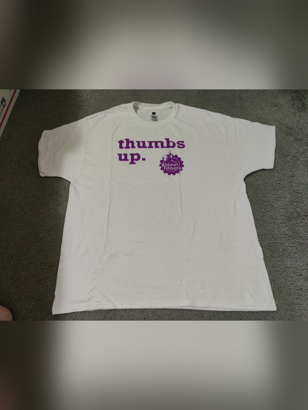 Hanes White Tee with Purple "thumbs up" Print, Planet Fitness
